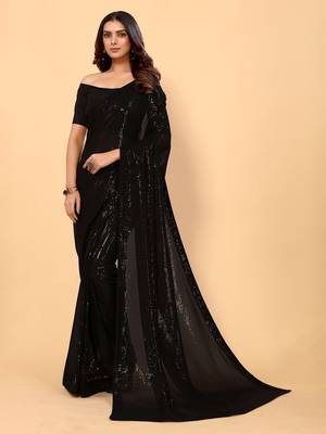 Black Color Sequins Embroidered Bollywood Georgette Saree With Blouse 1