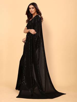 Black Color Sequins Embroidered Bollywood Georgette Saree With Blouse 2