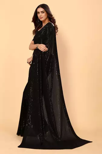 Black Color Sequins Embroidered Bollywood Georgette Saree With Blouse