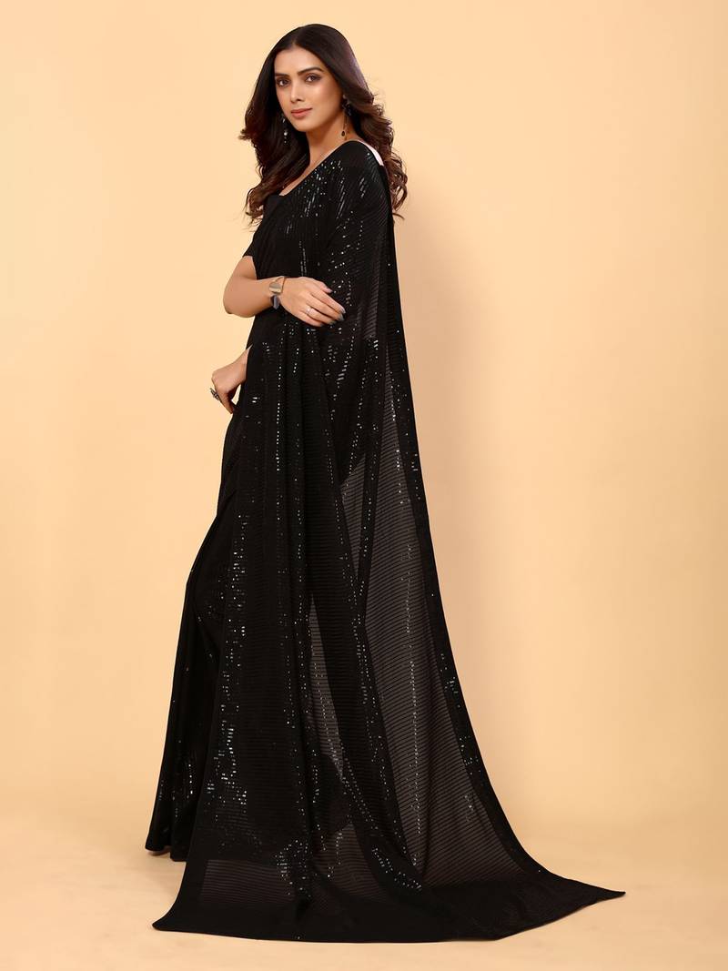 Black Color Sequins Embroidered Bollywood Georgette Saree With Blouse
