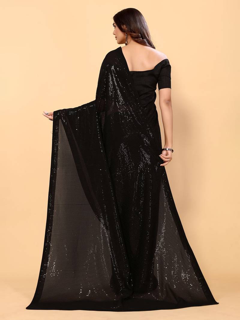Black Color Sequins Embroidered Bollywood Georgette Saree With Blouse