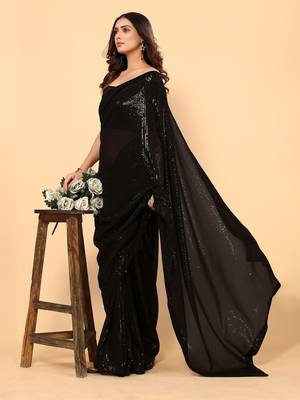 Black Color Sequins Embroidered Bollywood Georgette Saree With Blouse 4
