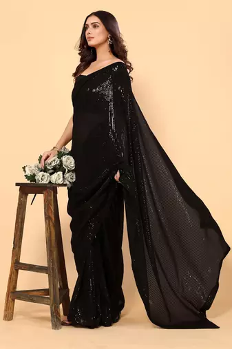 Black Color Sequins Embroidered Bollywood Georgette Saree With Blouse