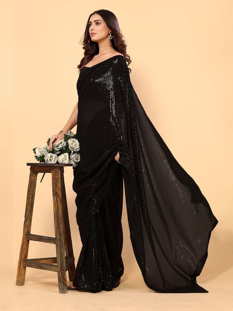 Black Color Sequins Embroidered Bollywood Georgette Saree With Blouse