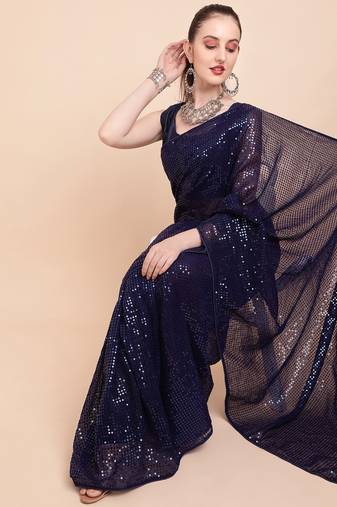 Blue Color Sequins Embroidered Bollywood Georgette Saree With Blouse