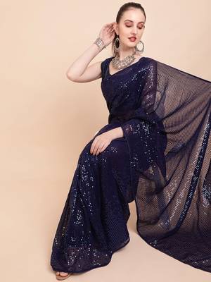Blue Color Sequins Embroidered Bollywood Georgette Saree With Blouse 1
