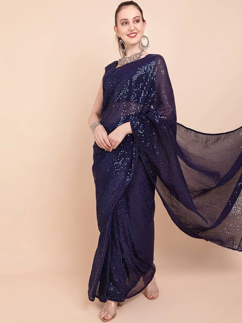Blue Color Sequins Embroidered Bollywood Georgette Saree With Blouse