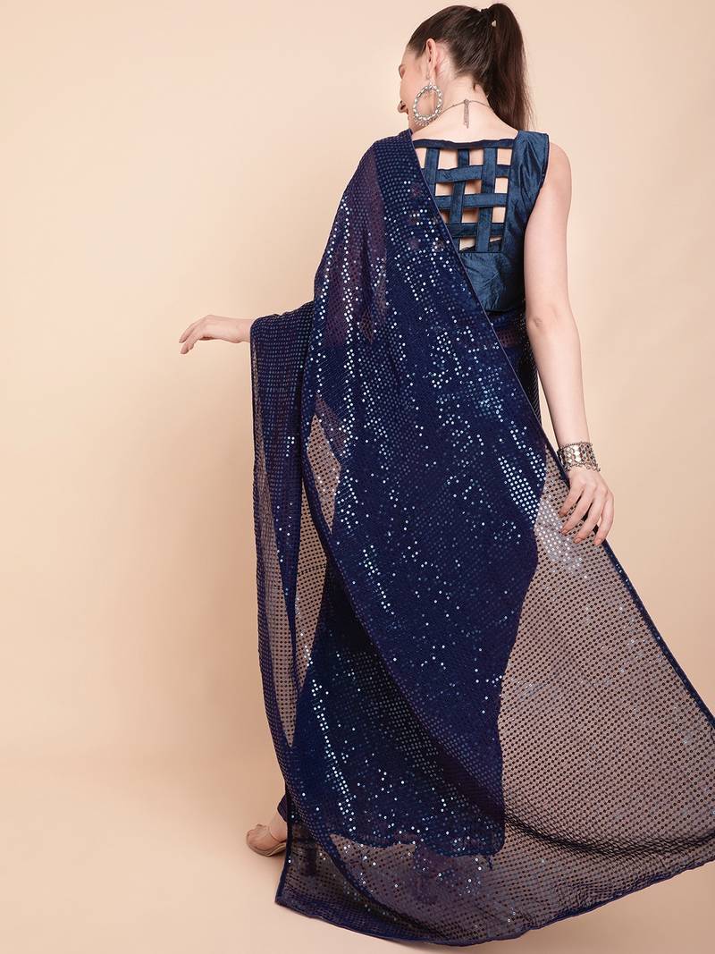 Blue Color Sequins Embroidered Bollywood Georgette Saree With Blouse