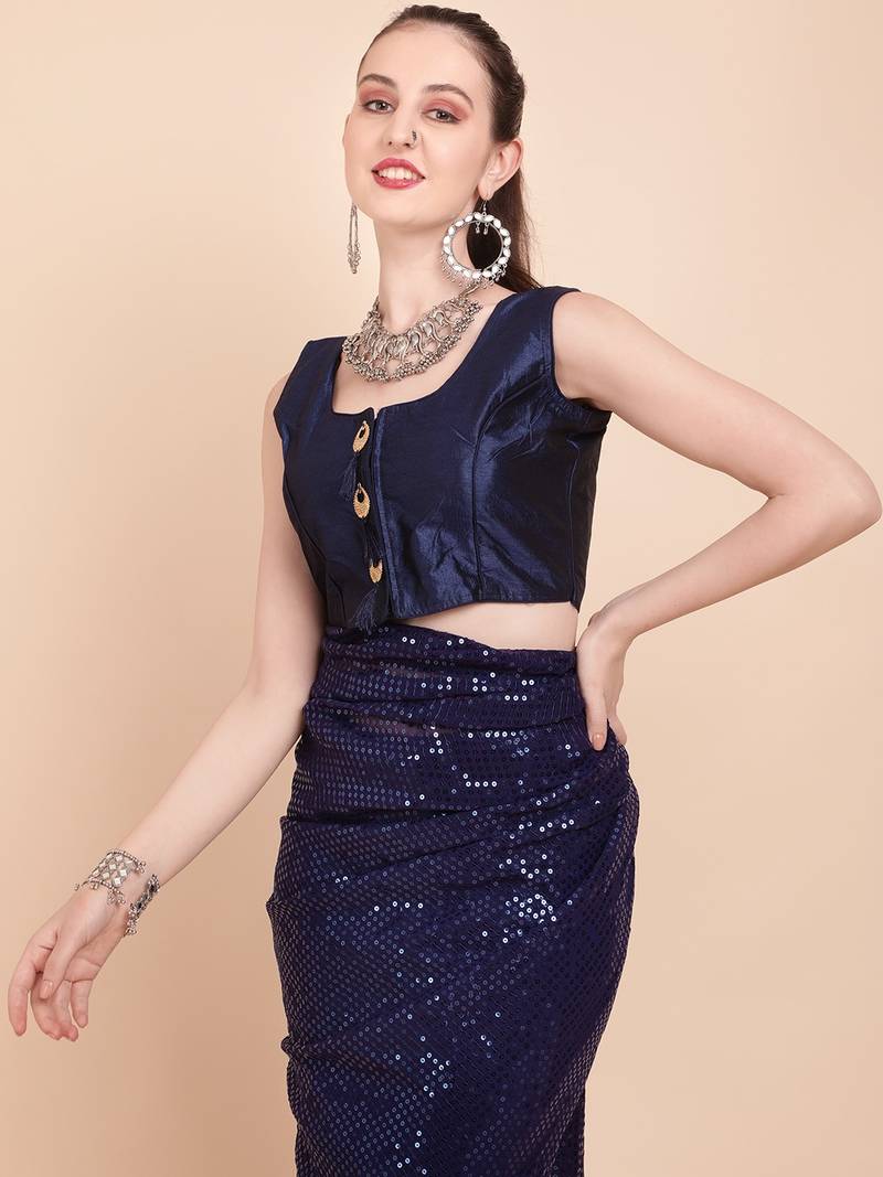 Blue Color Sequins Embroidered Bollywood Georgette Saree With Blouse