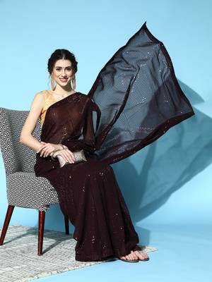 Brown Color Sequins Embroidered Bollywood Georgette Saree With Blouse 3