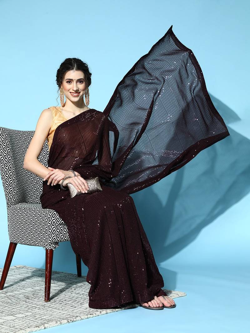 Brown Color Sequins Embroidered Bollywood Georgette Saree With Blouse