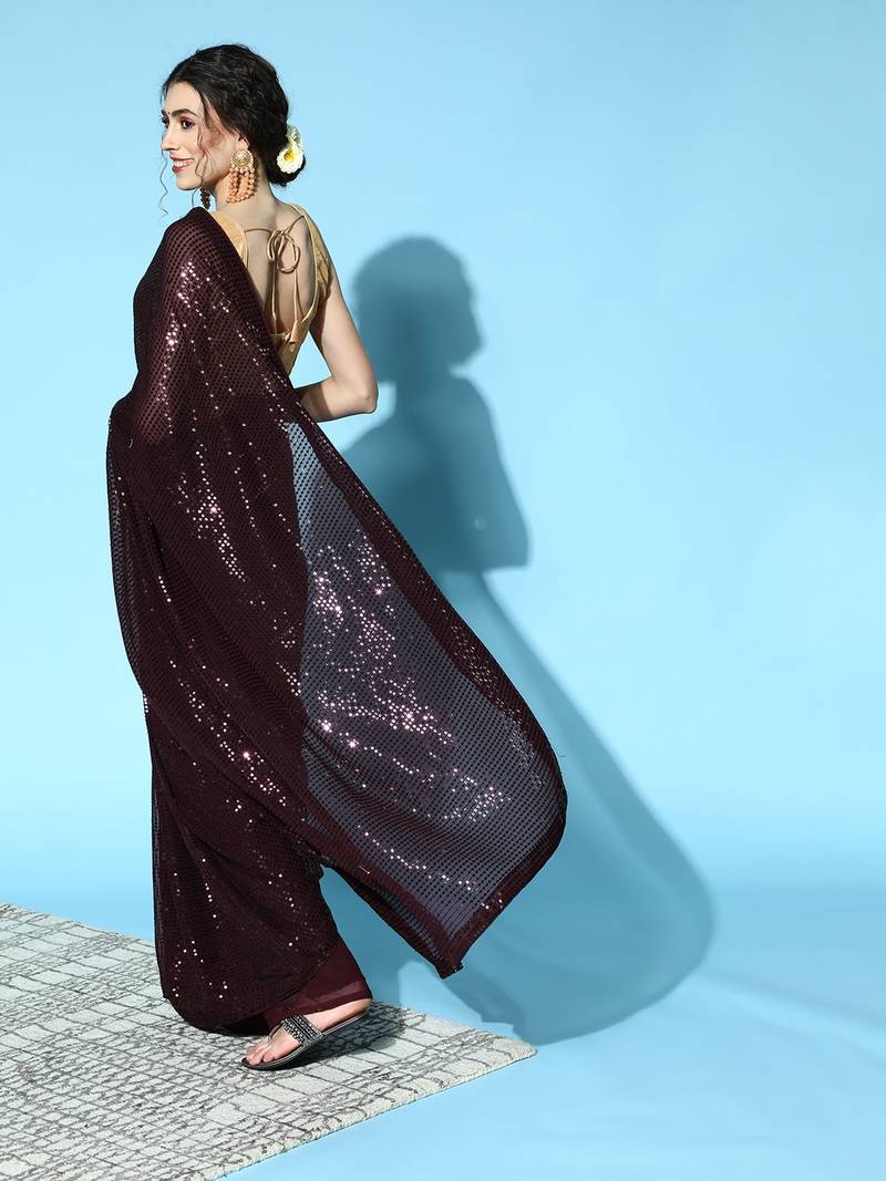 Brown Color Sequins Embroidered Bollywood Georgette Saree With Blouse