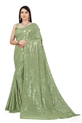 Light Green Color Sequins Embroidered Bollywood Georgette Saree With Blouse 1