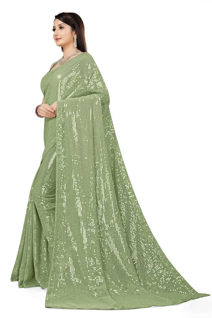 Light Green Color Sequins Embroidered Bollywood Georgette Saree With Blouse