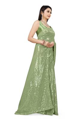 Light Green Color Sequins Embroidered Bollywood Georgette Saree With Blouse 3