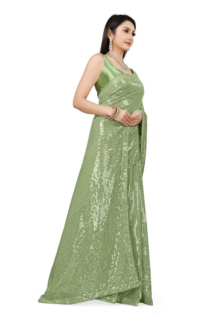 Light Green Color Sequins Embroidered Bollywood Georgette Saree With Blouse