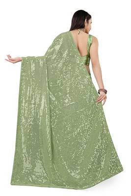 Light Green Color Sequins Embroidered Bollywood Georgette Saree With Blouse 4