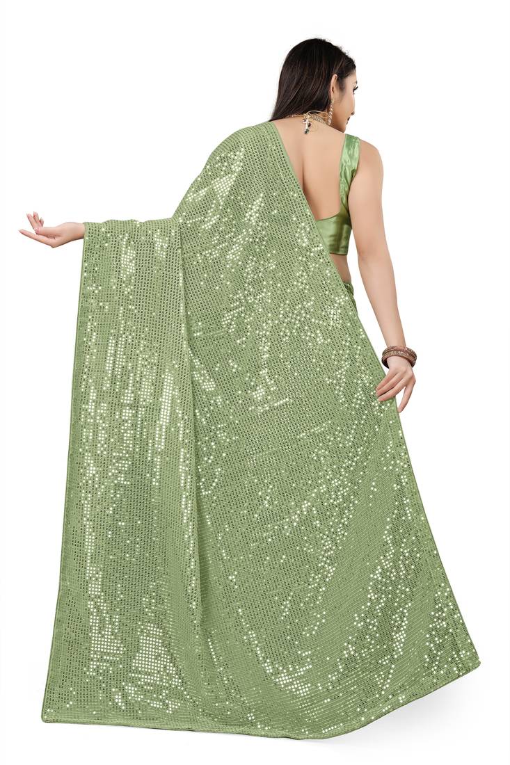 Light Green Color Sequins Embroidered Bollywood Georgette Saree With Blouse