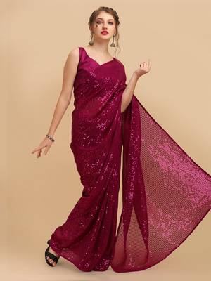Magenta Color Sequins Embroidered Bollywood Georgette Saree With Blouse 1