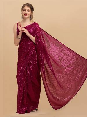 Magenta Color Sequins Embroidered Bollywood Georgette Saree With Blouse 2