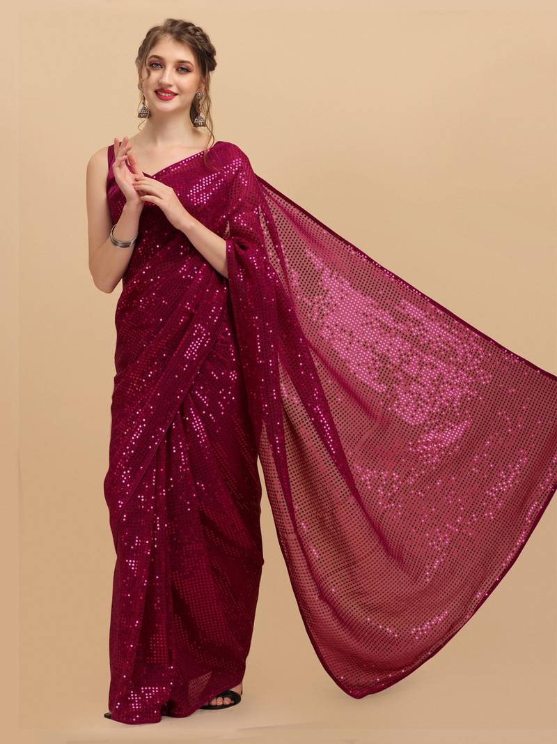 Magenta Color Sequins Embroidered Bollywood Georgette Saree With Blouse