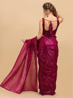Magenta Color Sequins Embroidered Bollywood Georgette Saree With Blouse 3