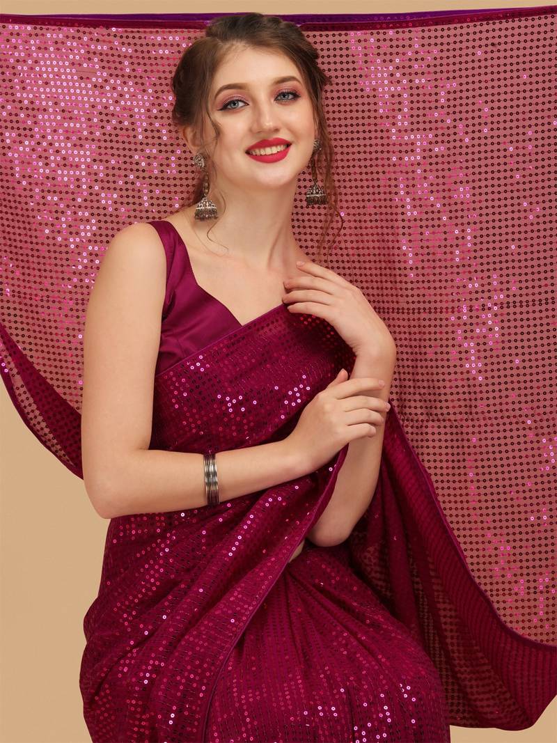 Magenta Color Sequins Embroidered Bollywood Georgette Saree With Blouse