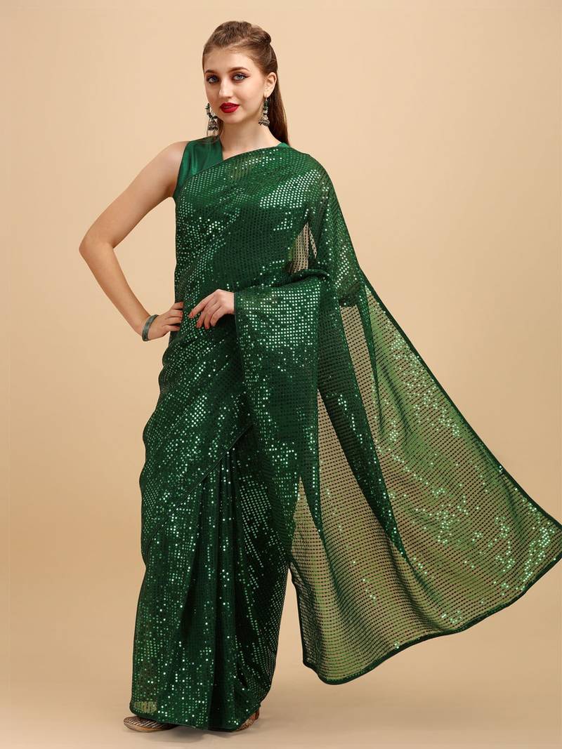 Green Color Sequins Embroidered Bollywood Georgette Saree With Blouse