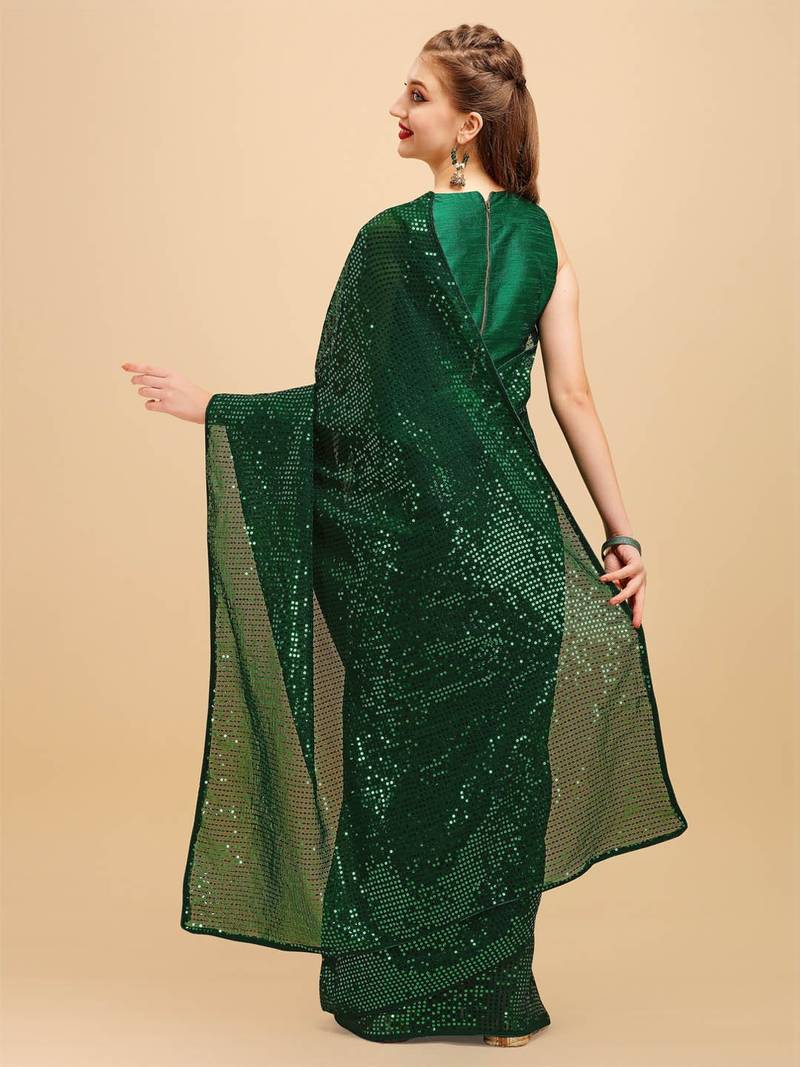 Green Color Sequins Embroidered Bollywood Georgette Saree With Blouse