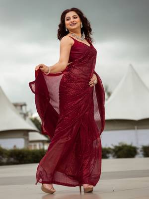 Maroon Color Sequins Embroidered Bollywood Georgette Saree With Blouse 1