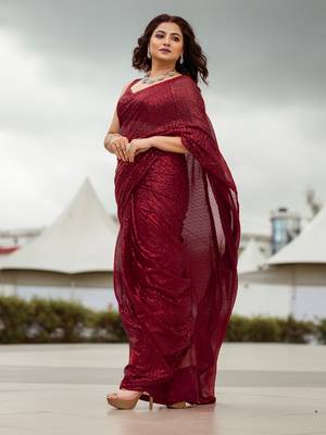Maroon Color Sequins Embroidered Bollywood Georgette Saree With Blouse 2