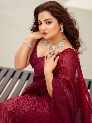 Maroon Color Sequins Embroidered Bollywood Georgette Saree With Blouse 3