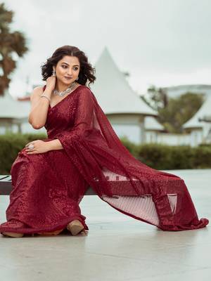Maroon Color Sequins Embroidered Bollywood Georgette Saree With Blouse 4