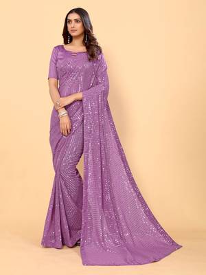 Purple Color Sequins Embroidered Bollywood Georgette Saree With Blouse 1