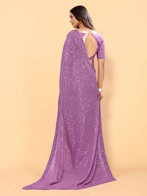 Purple Color Sequins Embroidered Bollywood Georgette Saree With Blouse 2