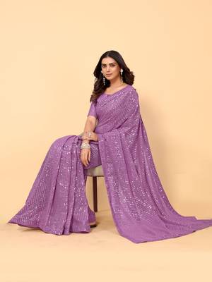 Purple Color Sequins Embroidered Bollywood Georgette Saree With Blouse 3