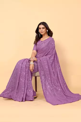 Purple Color Sequins Embroidered Bollywood Georgette Saree With Blouse