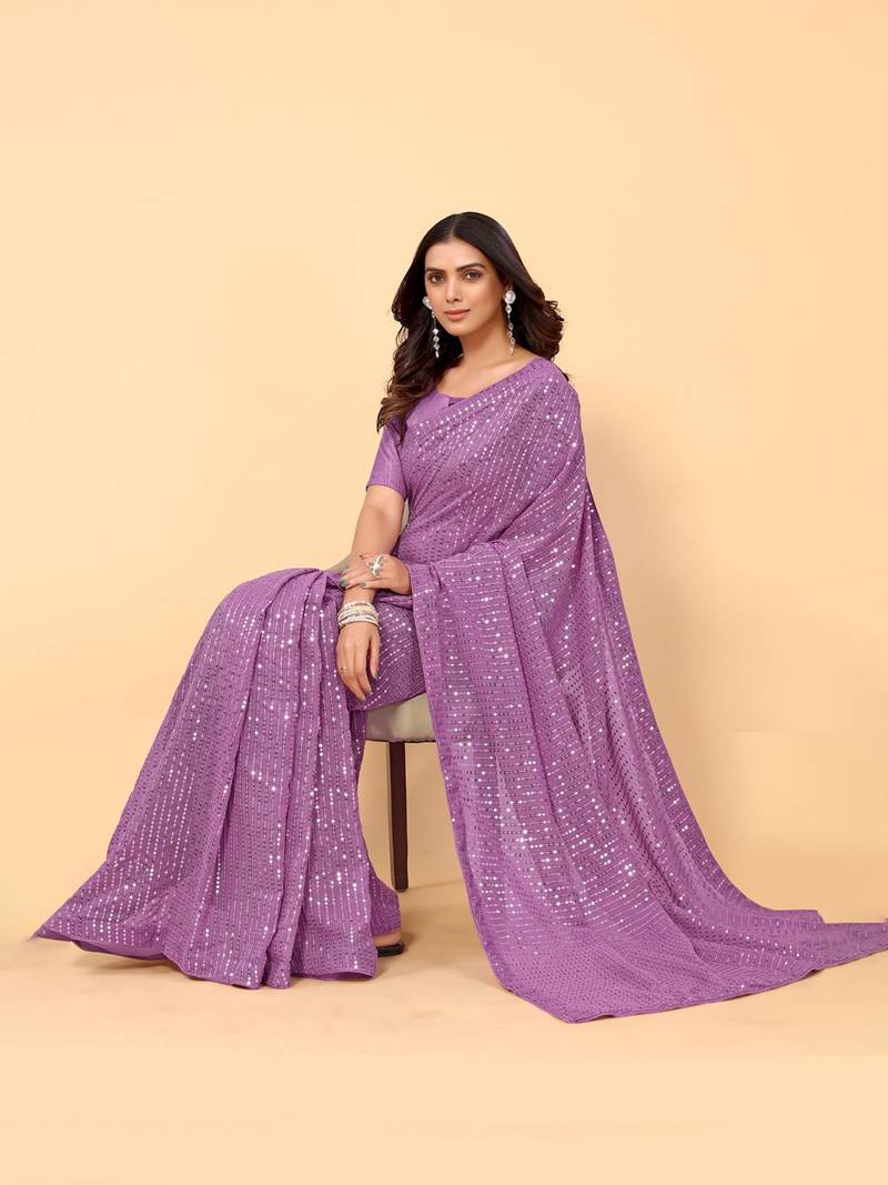 Purple Color Sequins Embroidered Bollywood Georgette Saree With Blouse