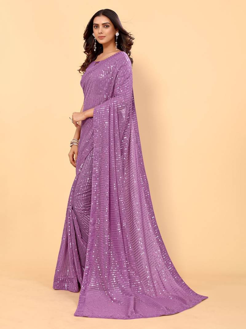 Purple Color Sequins Embroidered Bollywood Georgette Saree With Blouse