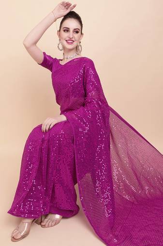 Pink Color Sequins Embroidered Bollywood Georgette Saree With Blouse