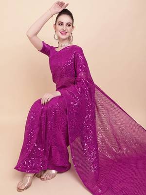 Pink Color Sequins Embroidered Bollywood Georgette Saree With Blouse 1