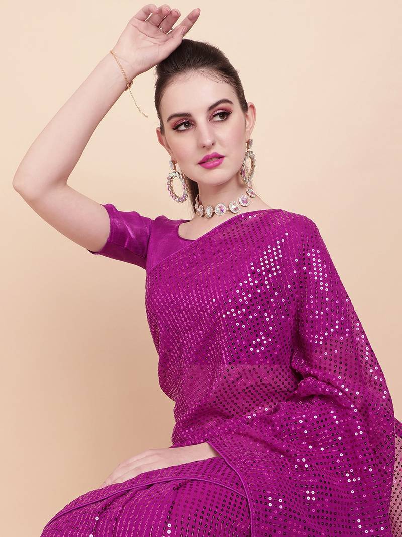 Pink Color Sequins Embroidered Bollywood Georgette Saree With Blouse