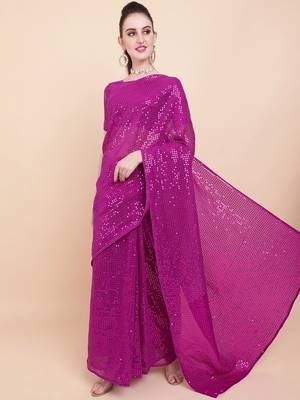 Pink Color Sequins Embroidered Bollywood Georgette Saree With Blouse 3