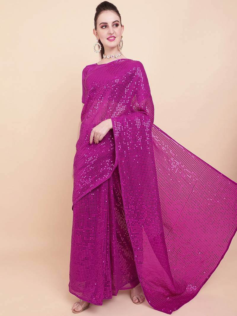Pink Color Sequins Embroidered Bollywood Georgette Saree With Blouse