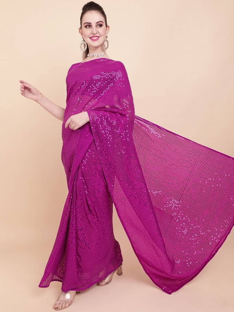 Pink Color Sequins Embroidered Bollywood Georgette Saree With Blouse