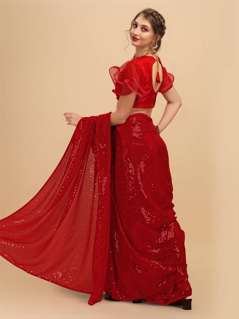 Red Color Sequins Embroidered Bollywood Georgette Saree With Blouse