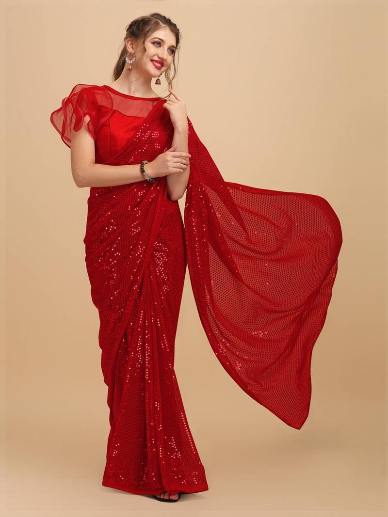 Red Color Sequins Embroidered Bollywood Georgette Saree With Blouse