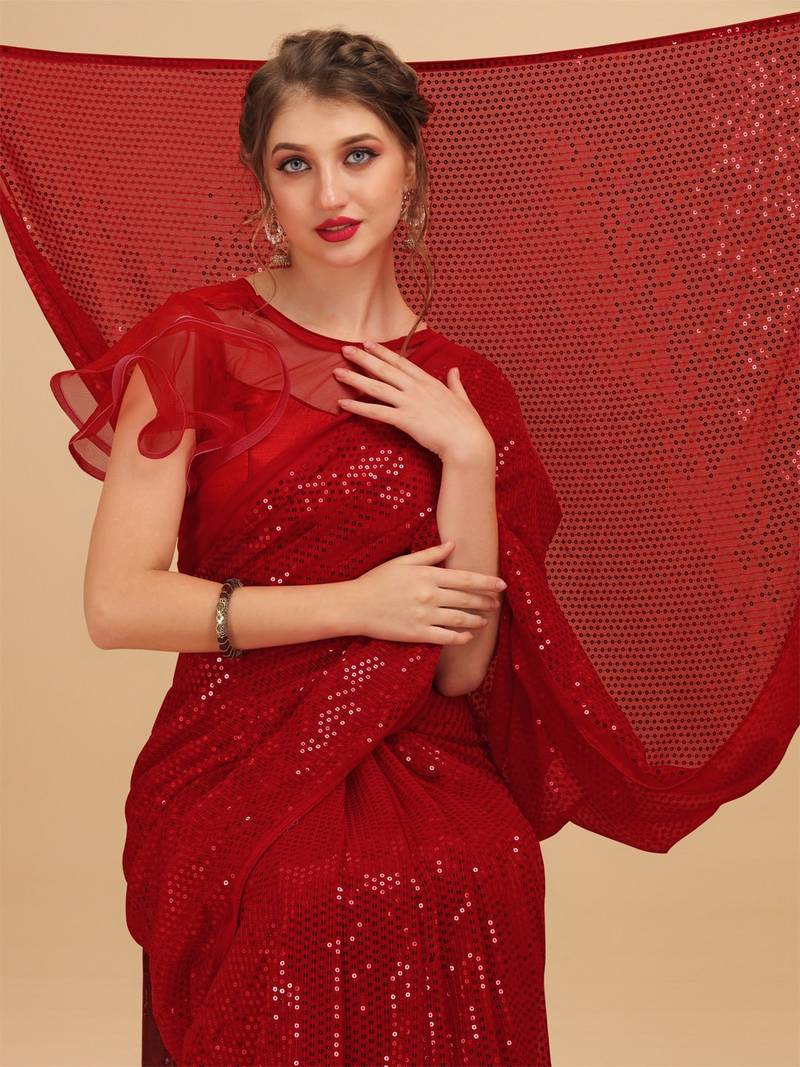 Red Color Sequins Embroidered Bollywood Georgette Saree With Blouse