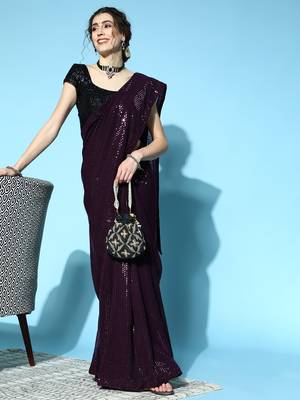 Magenta Color Sequins Embroidered Bollywood Georgette Saree With Blouse 1