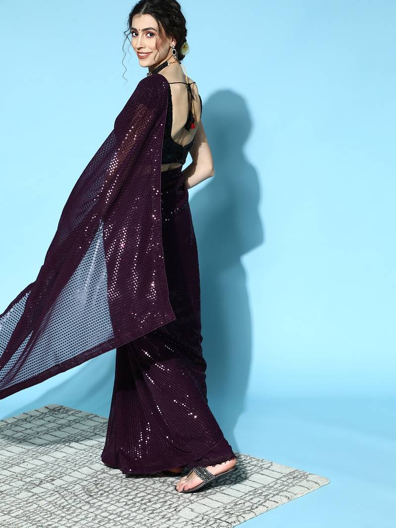 Magenta Color Sequins Embroidered Bollywood Georgette Saree With Blouse